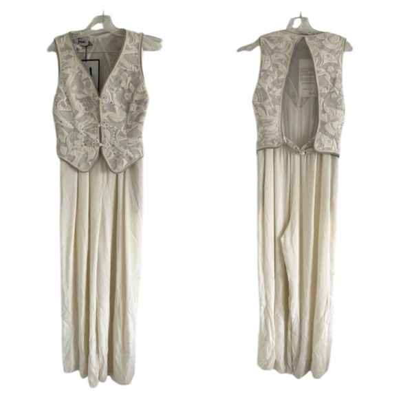 (NWT) TADASHI Formal Ivory White Sequined Vest Bell Wide Leg Jumpsuit-Size 10 - Picture 1 of 16